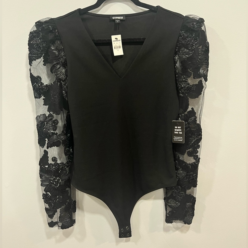 Express Black Bodysuit with Sheer Floral Sleeves